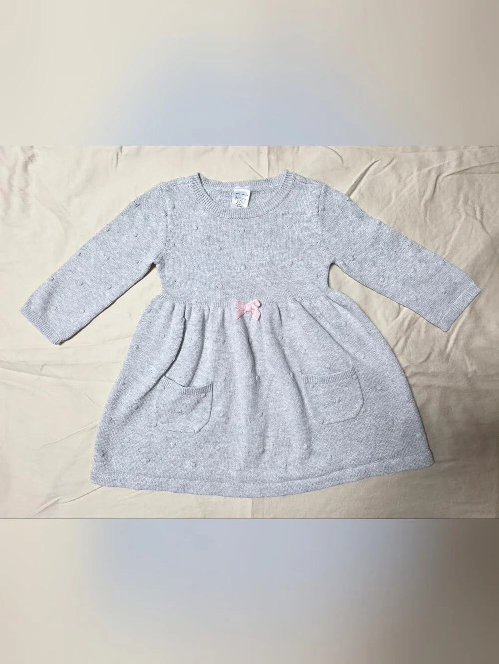 Cartets Light Gray Knit Dress with Pink Bow Accent